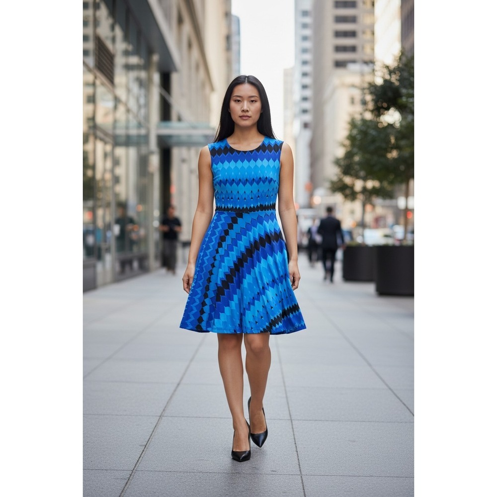 R&K Originals Blue Geometric Teardrop Print‎ Fit & Flare Dress Sleeveless Small